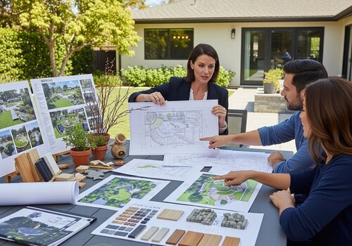 Landscape design presentation with detailed plans and materials for Orange County home transformation approval