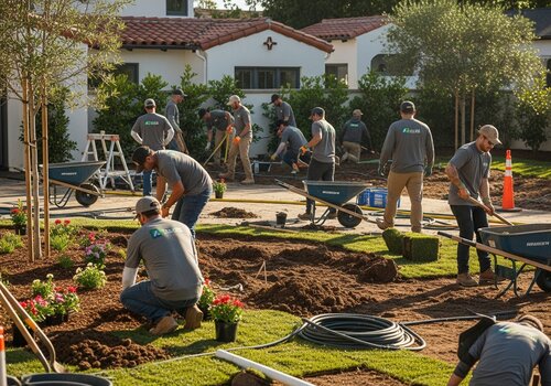 Professional landscaping team actively installing and transforming Orange County residential yard with expert installation services