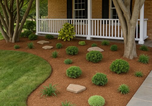 After landscaping: Professional landscape design with decorative elements, varied plantings, and beautiful mulched beds around Orange County home